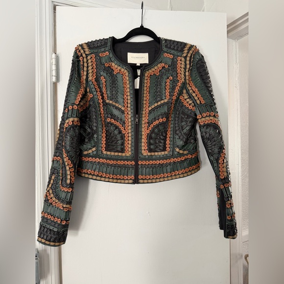 BCBGMaxAzria Runway Green & Tan Embellished Cropped Leather Jacket - Picture 3 of 7